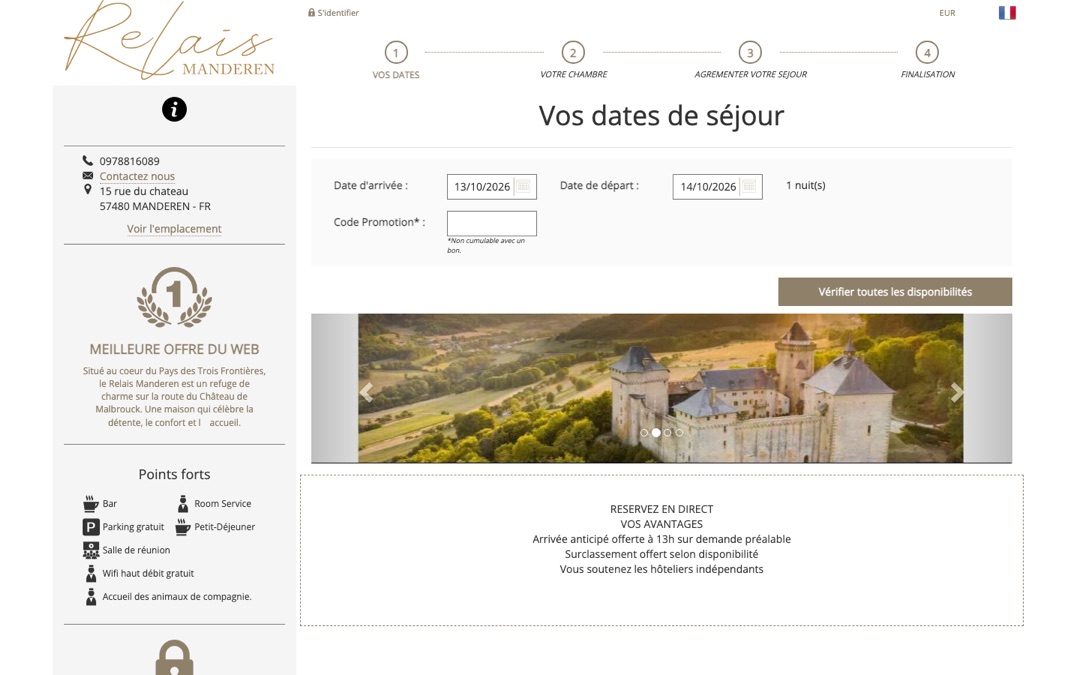 Page du moteur de réservation Misterbooking du Relais Manderen : logo de l’hôtel, quatre étapes (dates, chambre, séjour, finalisation), choix des dates d’arrivée et de départ, code promotion et bouton « Vérifier toutes les disponibilités »