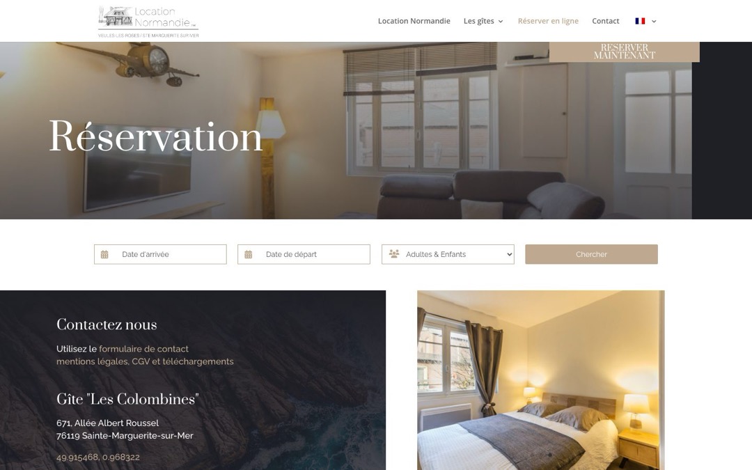 Page « Réservation » du site Location Normandie : champs Date d’arrivée, Date de départ, Adultes et enfants, et bouton Chercher