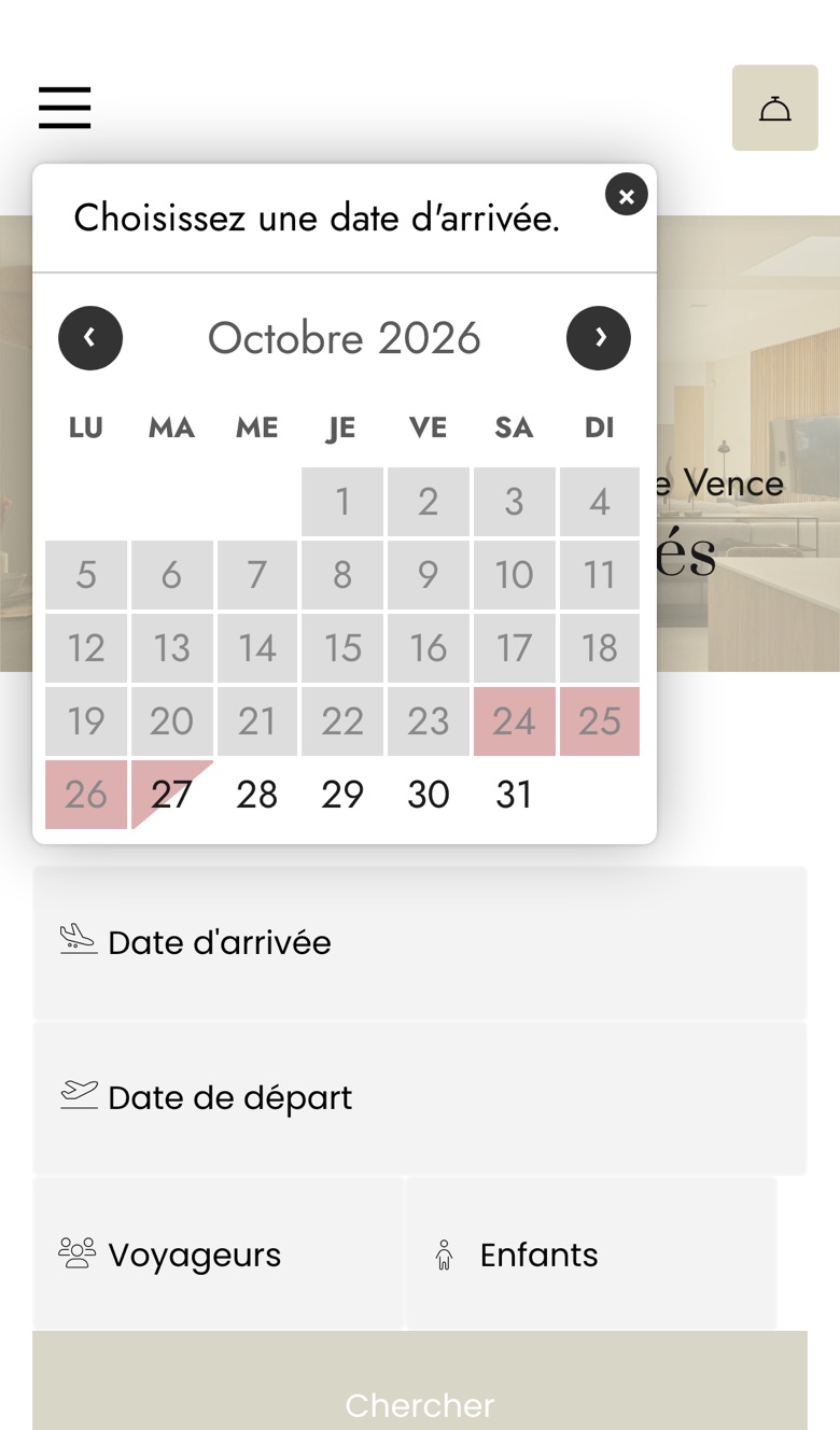 Calendrier ouvert sur la même page : jours passés grisés, jours indisponibles marqués en rose, croix de fermeture en haut à droite