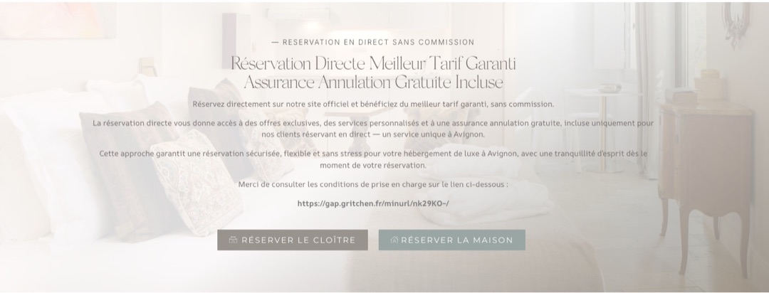 Bandeau du site Augustins 1261 : réservation directe sans commission, meilleur tarif garanti et assurance annulation gratuite incluse pour les clients qui réservent en direct