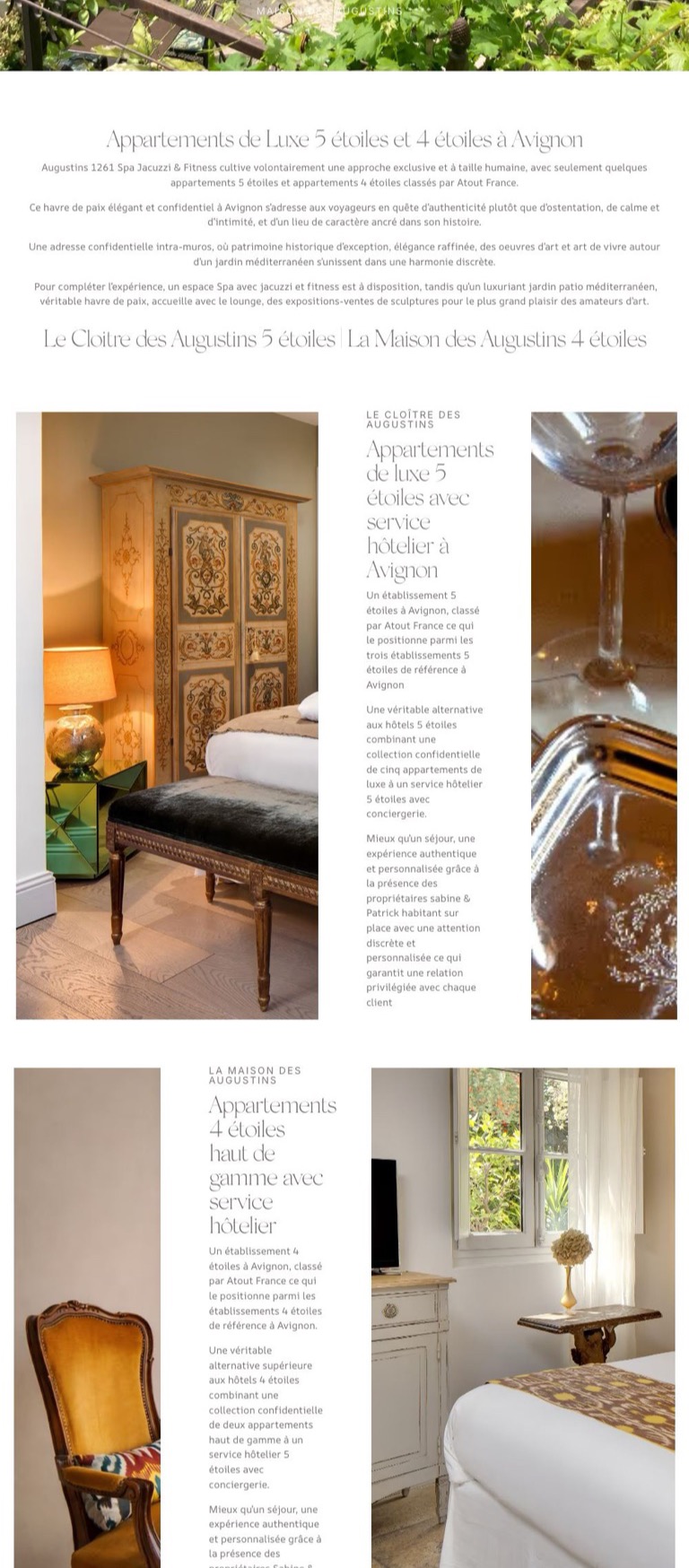 Capture pleine page du site Augustins 1261, à Avignon : appartements de luxe, spa, art et patio