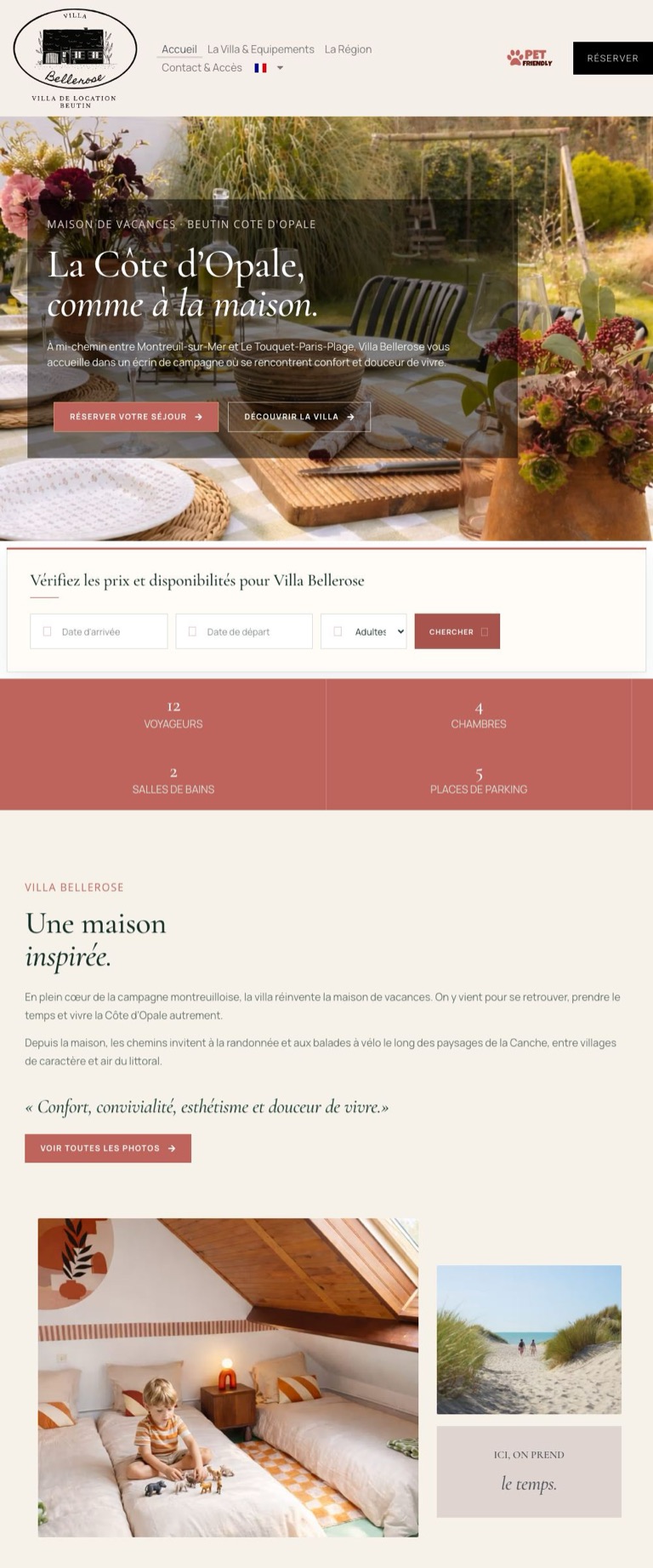 Capture pleine page du site de la Villa Bellerose : photo d’ouverture, puis formulaire de dates et de voyageurs