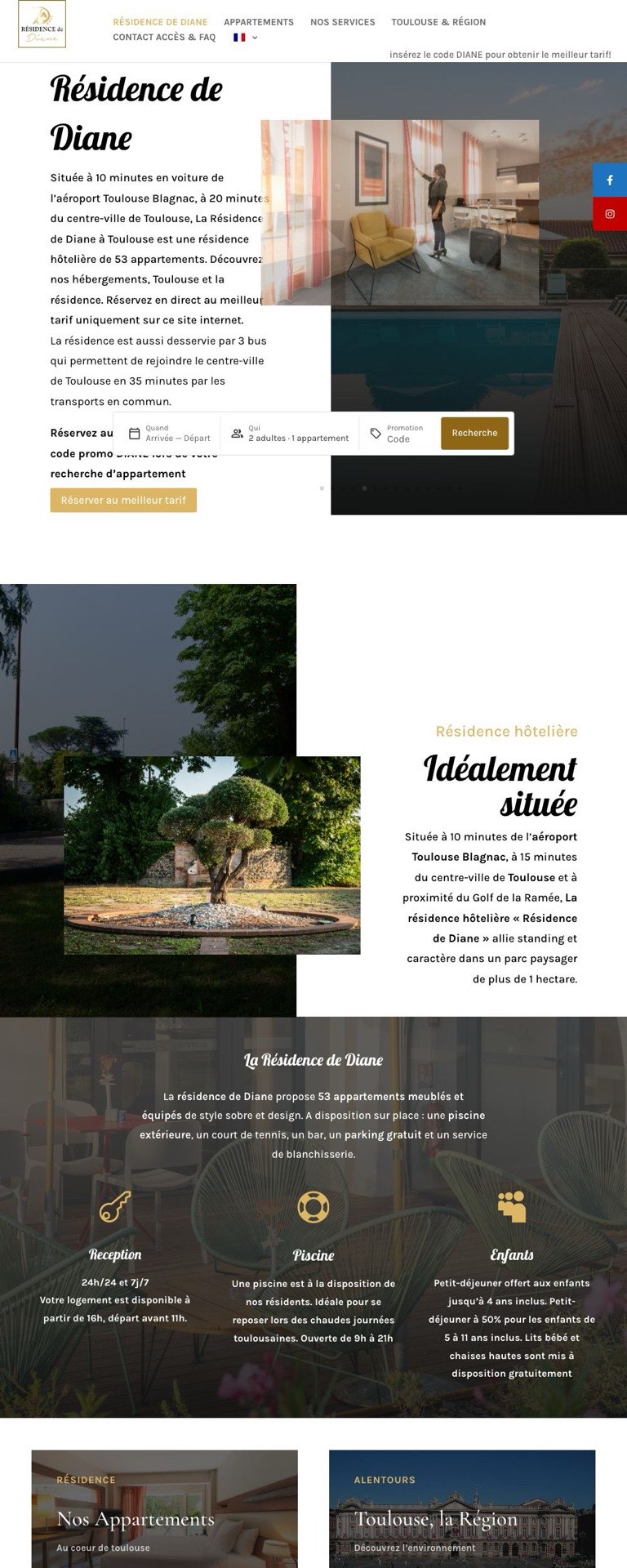 Accueil du site de la Résidence de Diane, résidence hôtelière de Toulouse : présentation, bouton « Réserver au meilleur tarif », barre de recherche d’appartement et services de la résidence