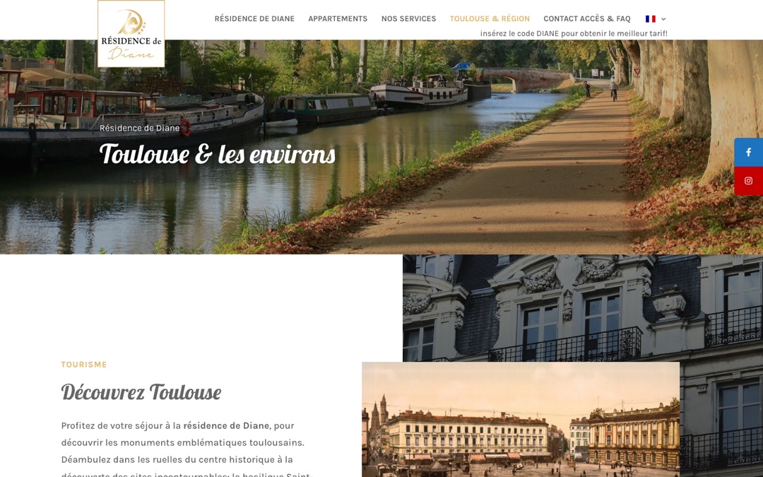 Page « Toulouse & les environs » du site Résidence de Diane : le canal de Toulouse bordé d’arbres, avec des bateaux amarrés