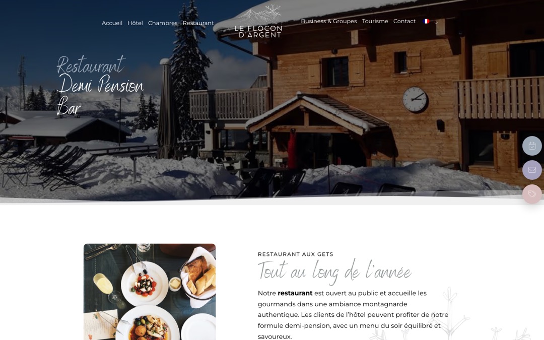 Page « Restaurant » du site Le Flocon d’Argent : photo du chalet sous la neige avec les mentions « Restaurant », « Demi Pension » et « Bar », puis une photo de plats et le texte « Tout au long de l’année »