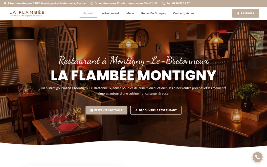 Salle du restaurant La Flambée, à Montigny-le-Bretonneux, sur l’accueil de son site