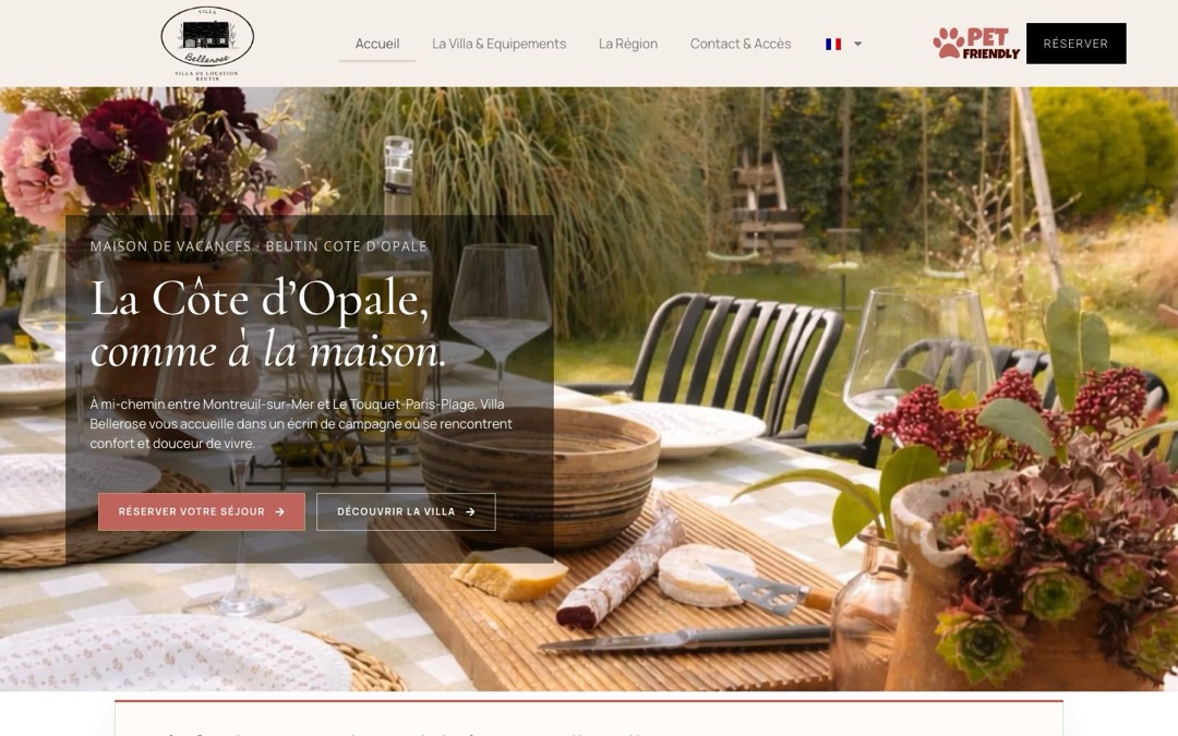 Accueil du site de la Villa Bellerose, à Beutin, avec ses boutons « Réserver »