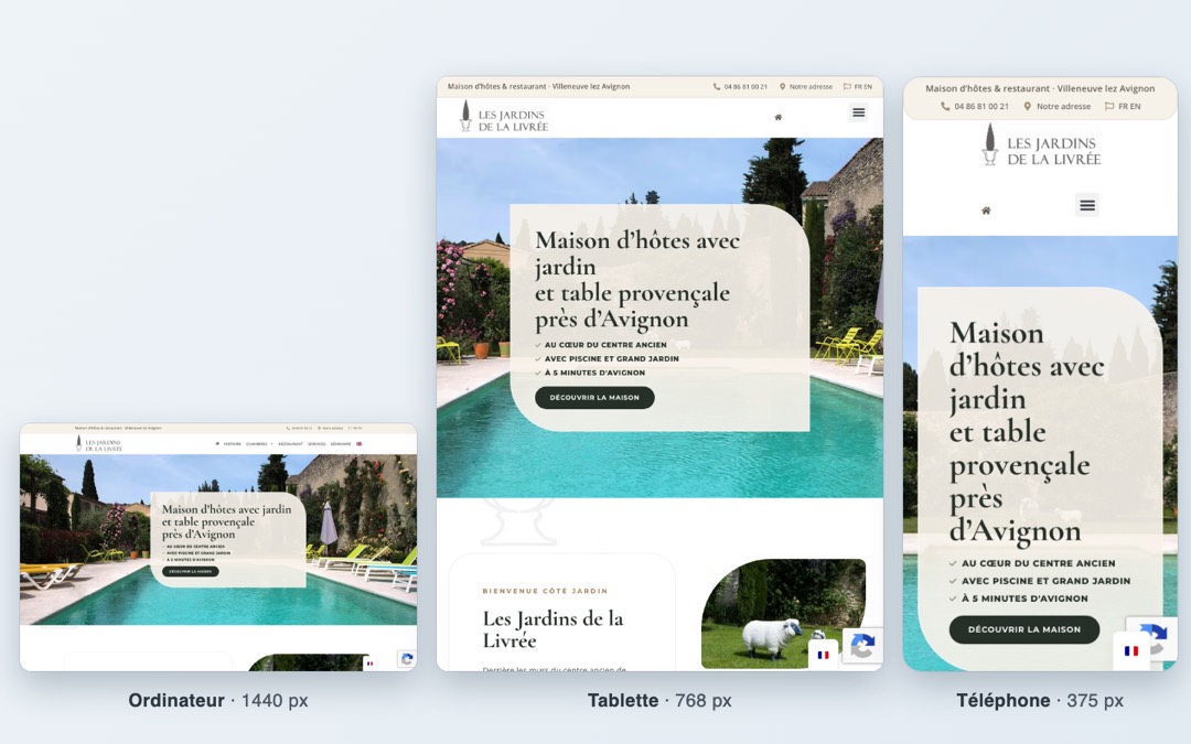 Le site de la maison d’hôtes Les Jardins de la Livrée à 1440, 768 et 375 px de large : le menu se replie derrière un bouton sur tablette et téléphone, la barre du téléphone et de l’adresse reste en haut de l’écran