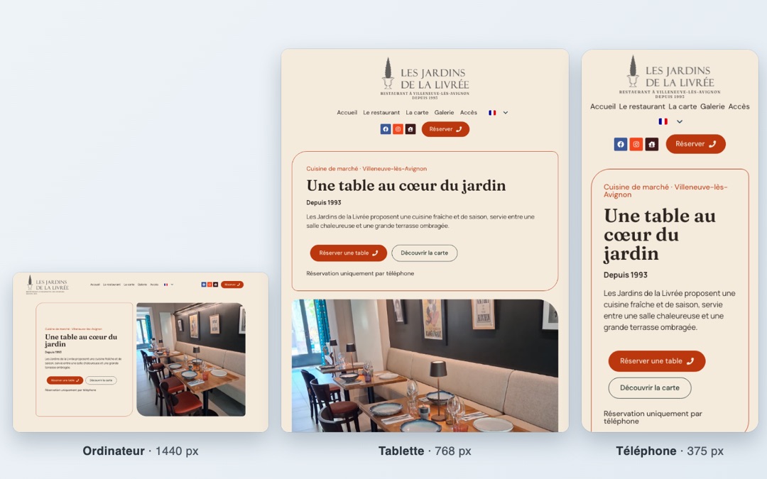 Le site du restaurant Les Jardins de la Livrée à 1440, 768 et 375 px de large : le texte et la photo, côte à côte sur ordinateur, s’empilent sur tablette et téléphone