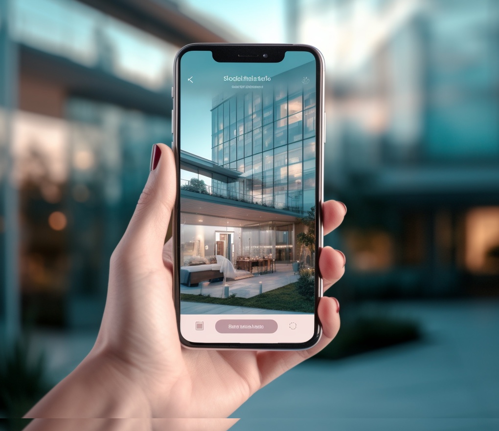 Une main tient un téléphone qui affiche la façade vitrée d’un hôtel moderne et une chambre ouverte sur une terrasse