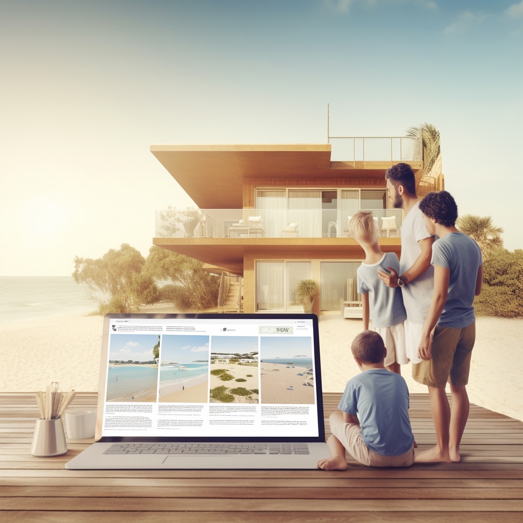 Une famille consulte sur un ordinateur portable le site d’un hébergement en bord de mer