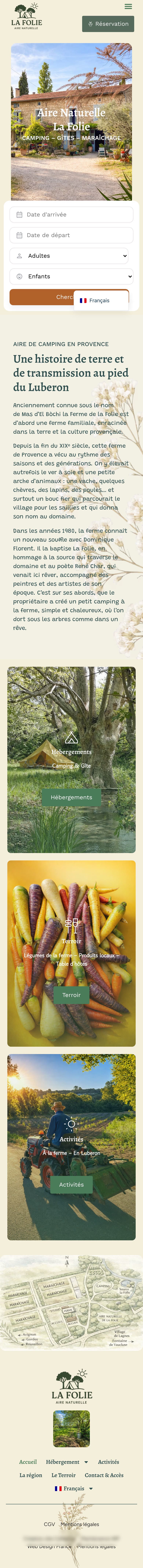 Page d’accueil du site Aire Naturelle La Folie, sur téléphone