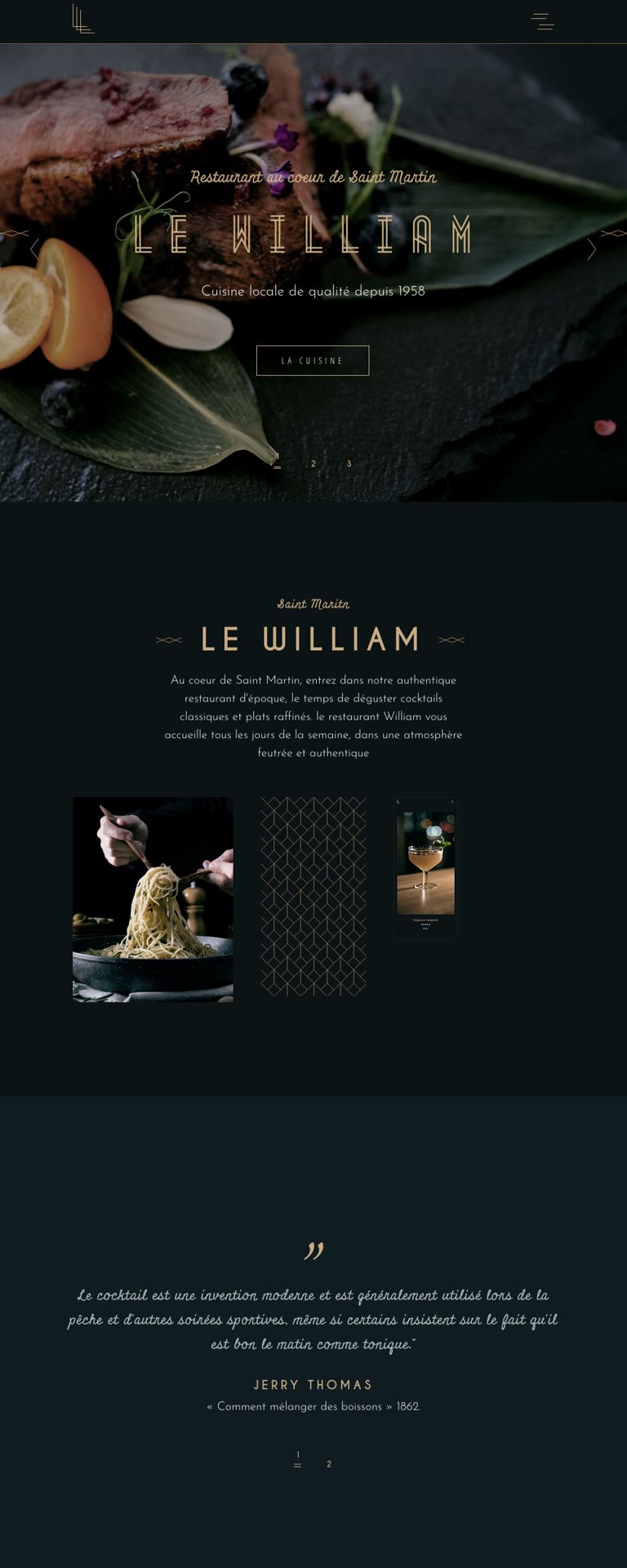 Page d’accueil du site de démonstration du Restaurant Le William : plat de viande sur ardoise et titre en lettres dorées