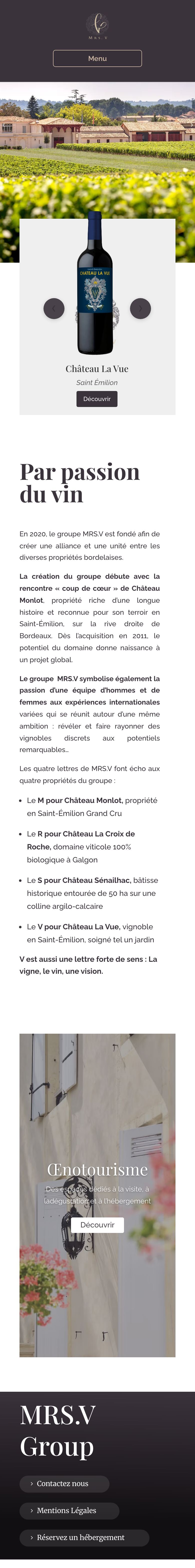 Page d’accueil du site du Groupe MRS.V, quatre domaines viticoles de la région bordelaise, sur téléphone