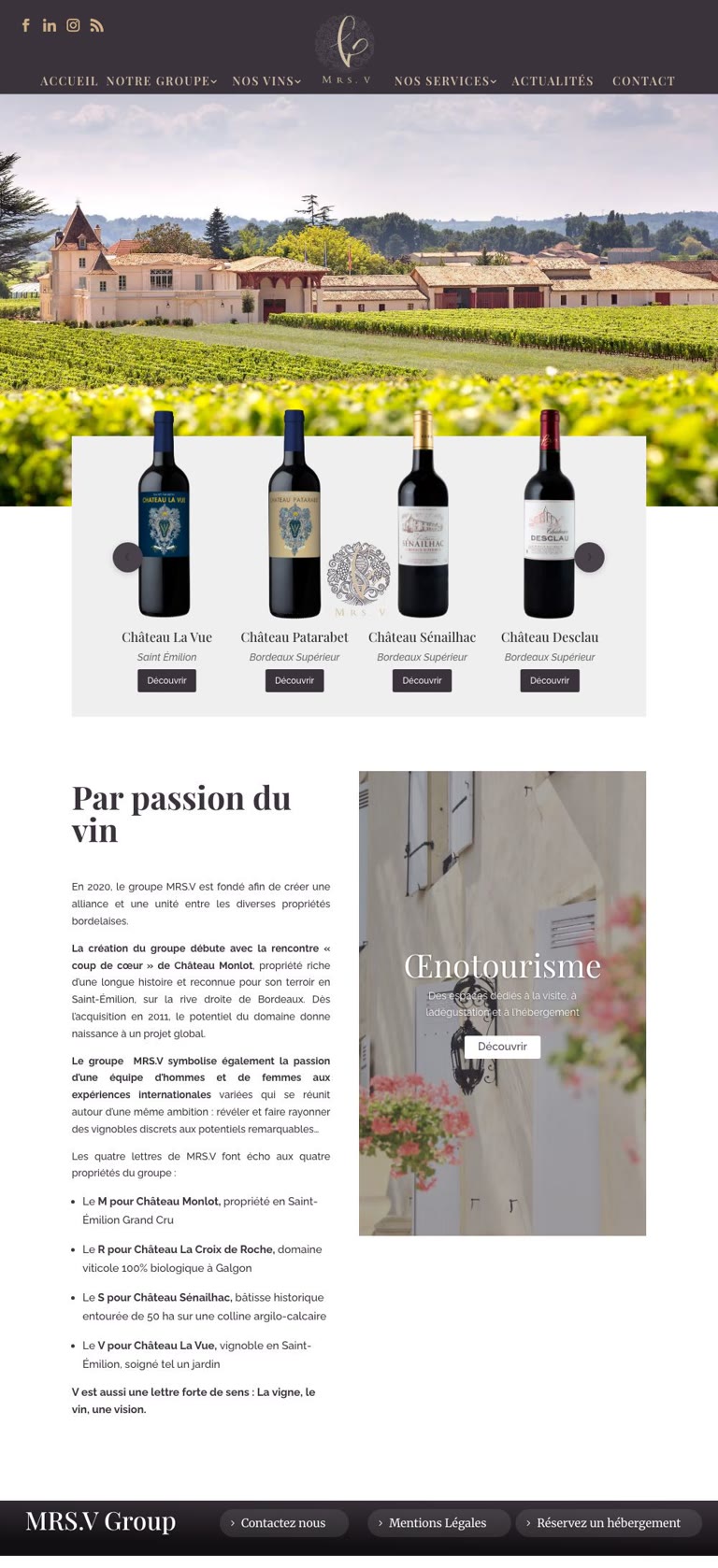 Page d’accueil du site du Groupe MRS.V, quatre domaines viticoles de la région bordelaise