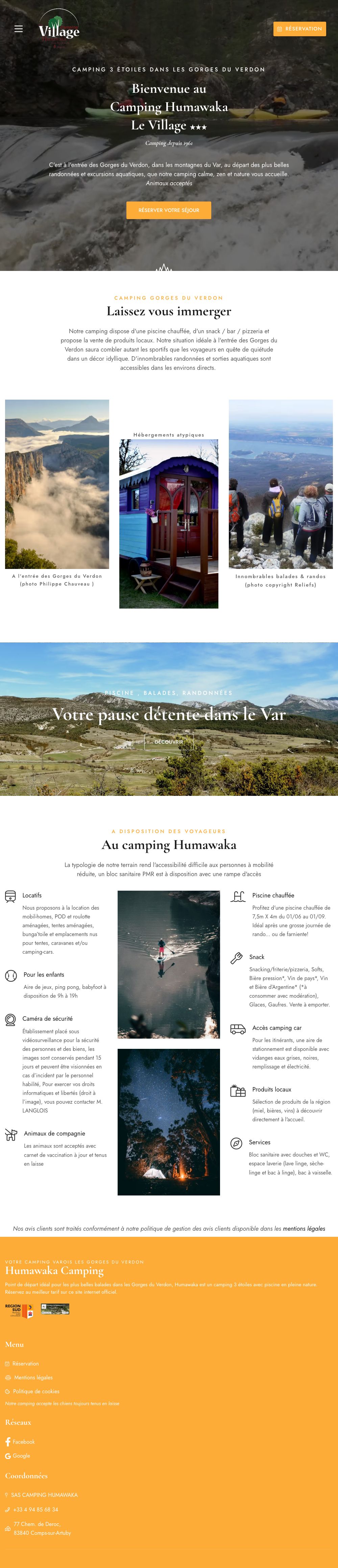 Page d’accueil du site Camping Humawaka, sur ordinateur