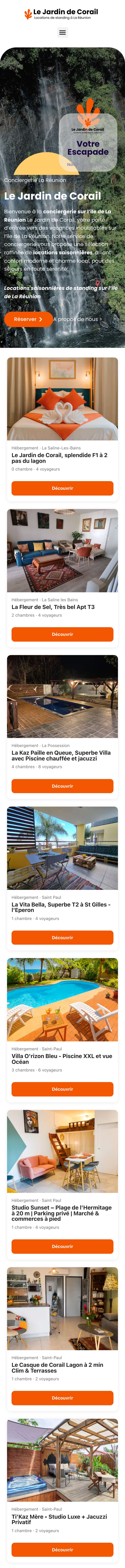 Page d’accueil du site Le Jardin de Corail, sur téléphone