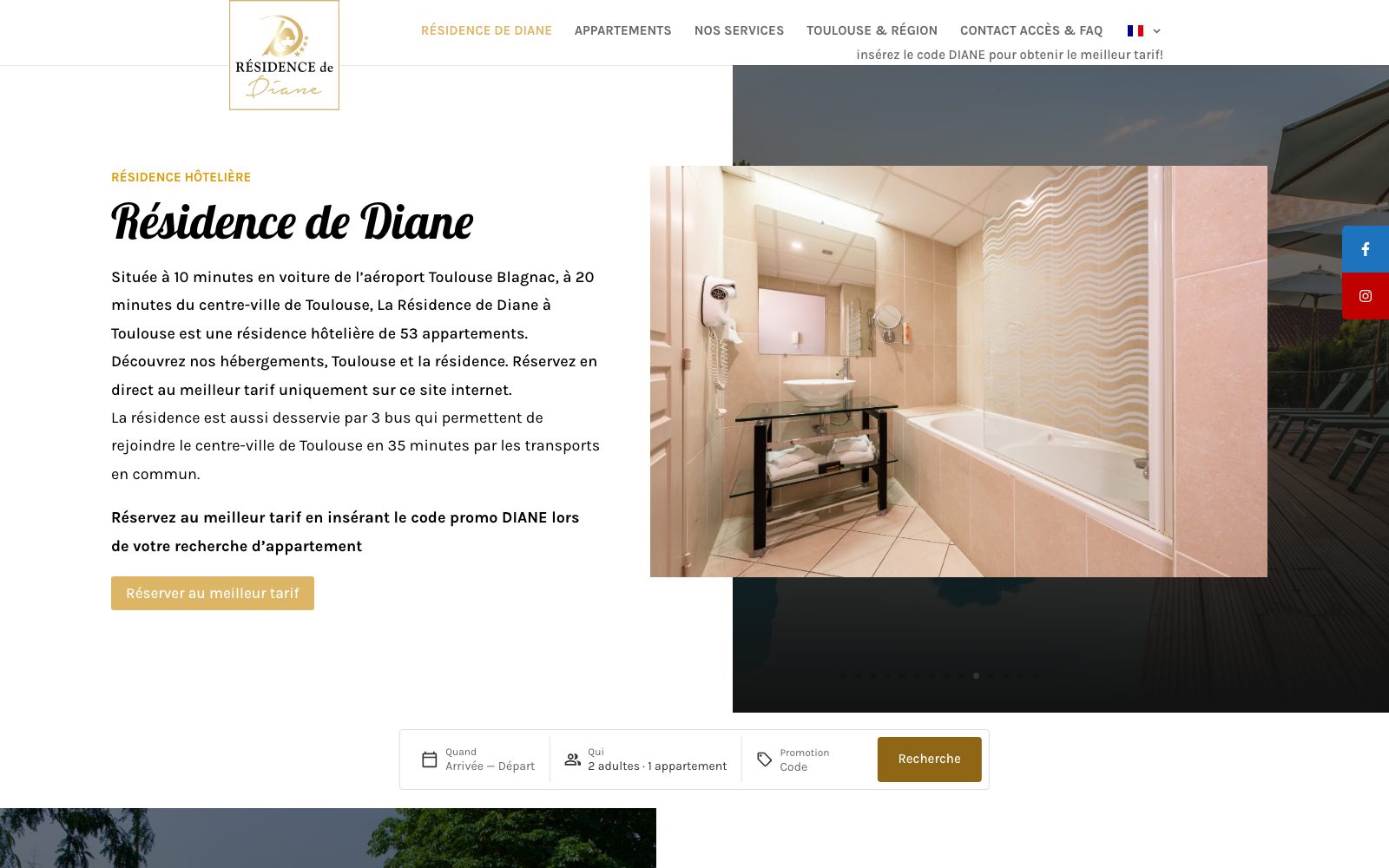 Page d’accueil du site de la Résidence de Diane à Toulouse : menu, présentation de la résidence et photos de la piscine et des appartements