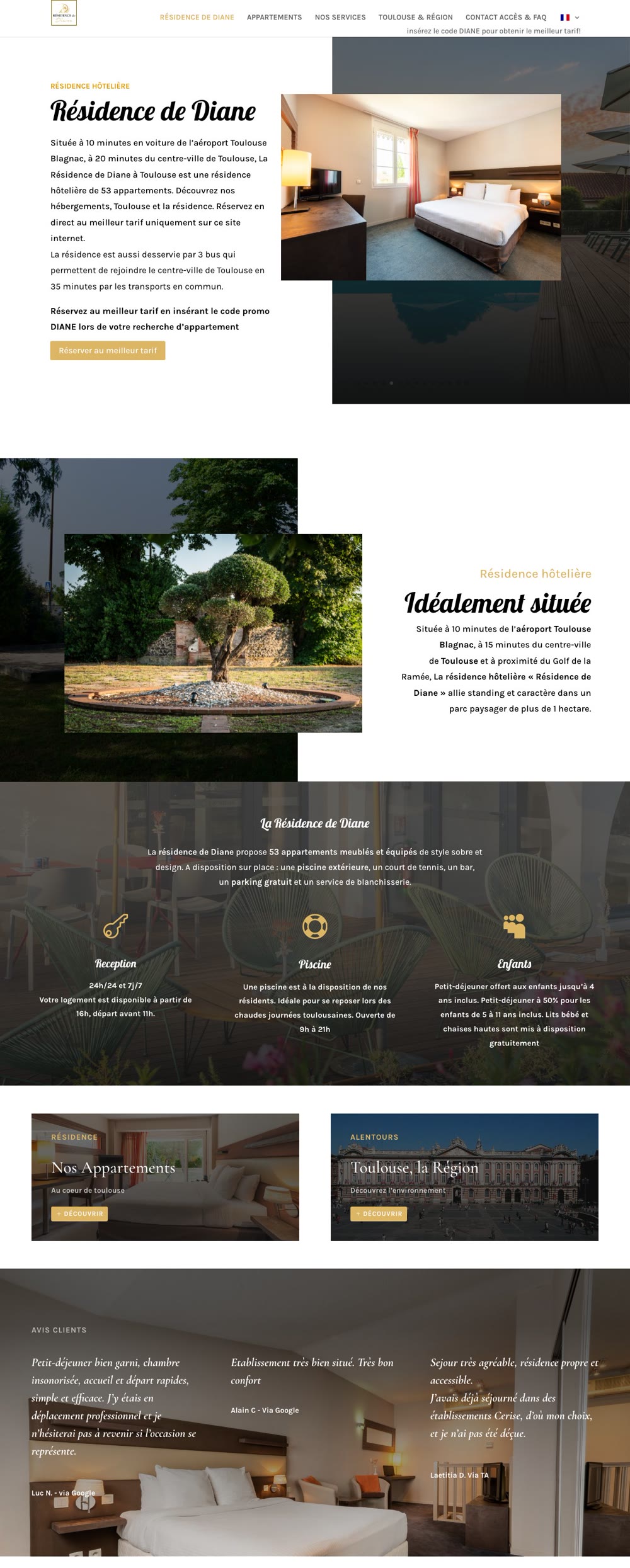Page d’accueil du site Résidence de Diane, sur ordinateur