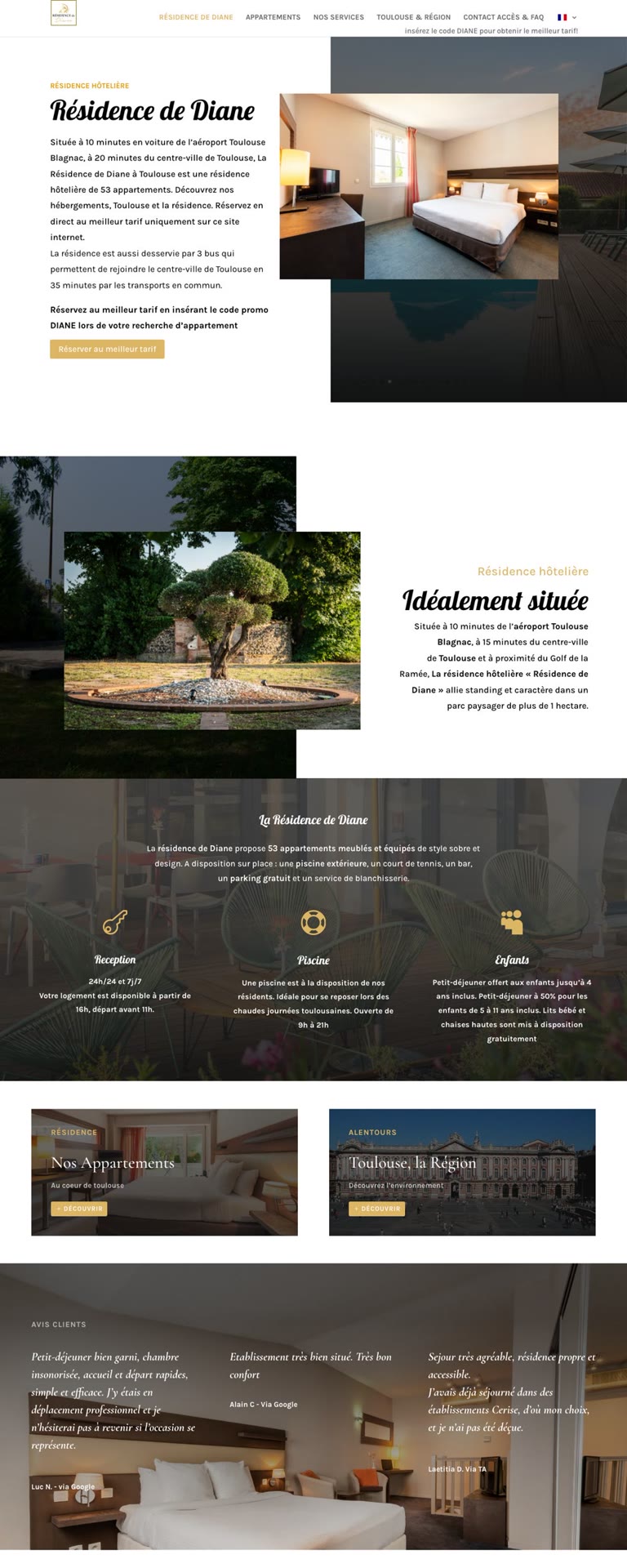 Page d’accueil du site de la Résidence de Diane, résidence hôtelière à Toulouse