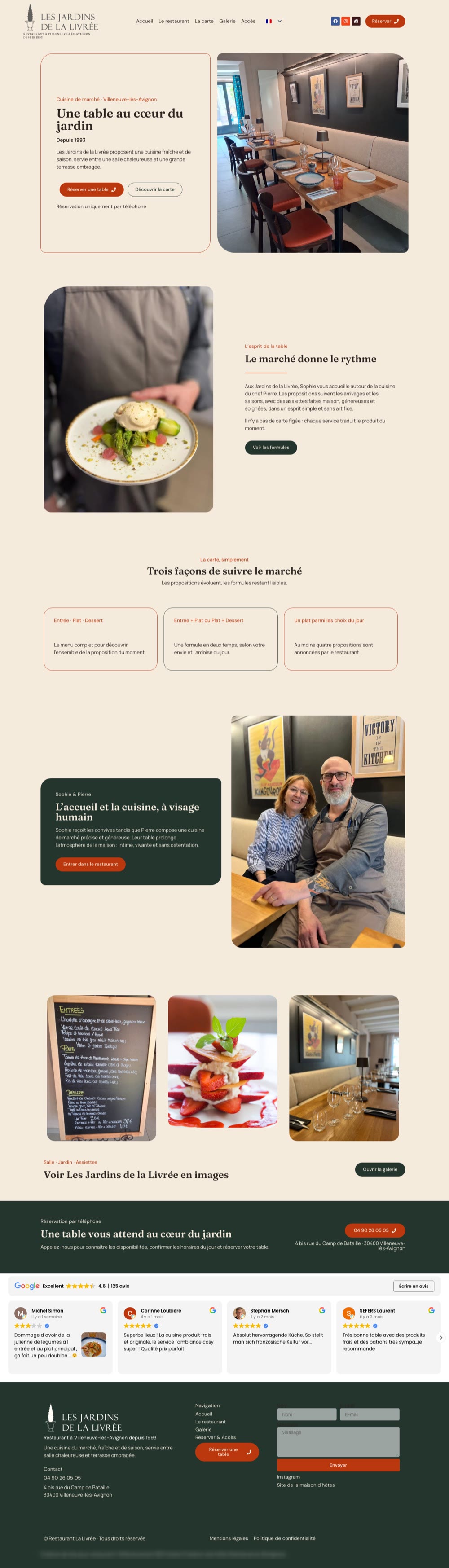 Page d’accueil du site Restaurant Les Jardins de la Livrée, sur ordinateur