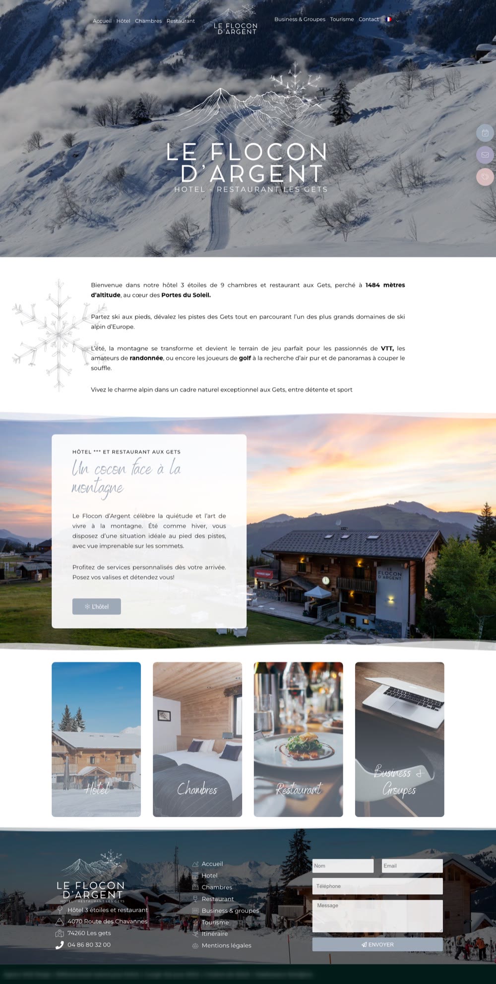 Page d’accueil entière du site du Flocon d’Argent, hôtel et restaurant aux Gets, sur ordinateur