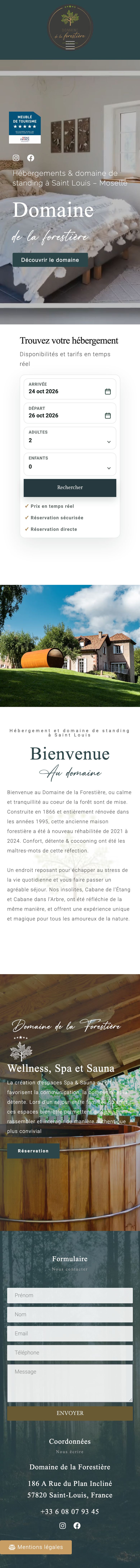 Page d’accueil du site Domaine de la Forestière, sur téléphone