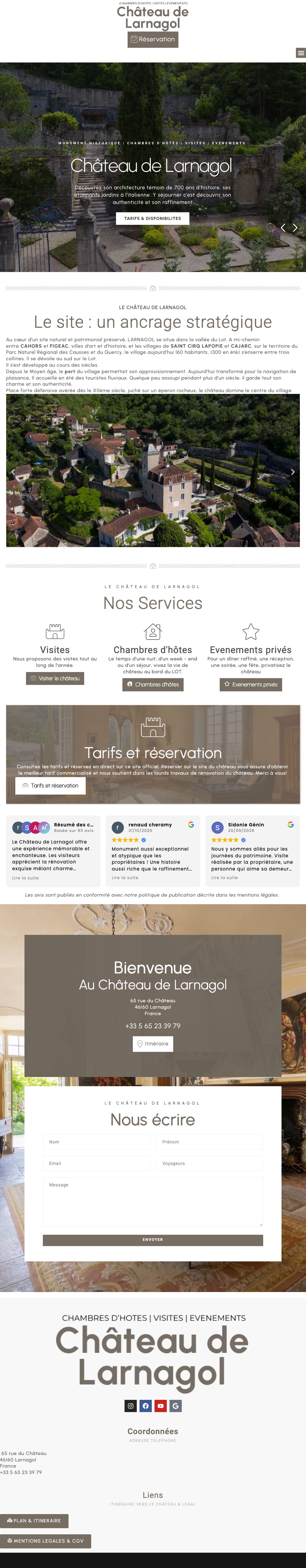 Page d’accueil du site Château de Larnagol, sur ordinateur