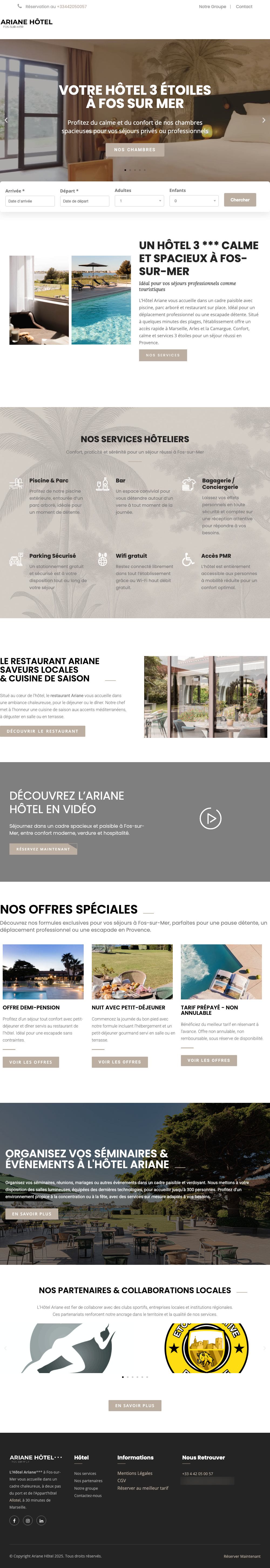 Page d’accueil du site Ariane Hôtel, sur ordinateur