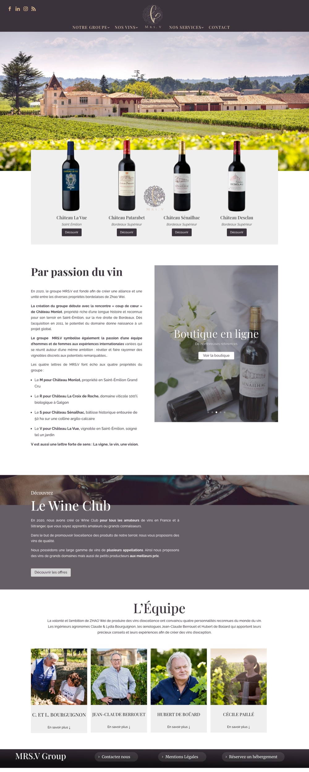 Page d’accueil du site du groupe viticole MrsV (Groupe Monlot) avec boutique en ligne, sur ordinateur