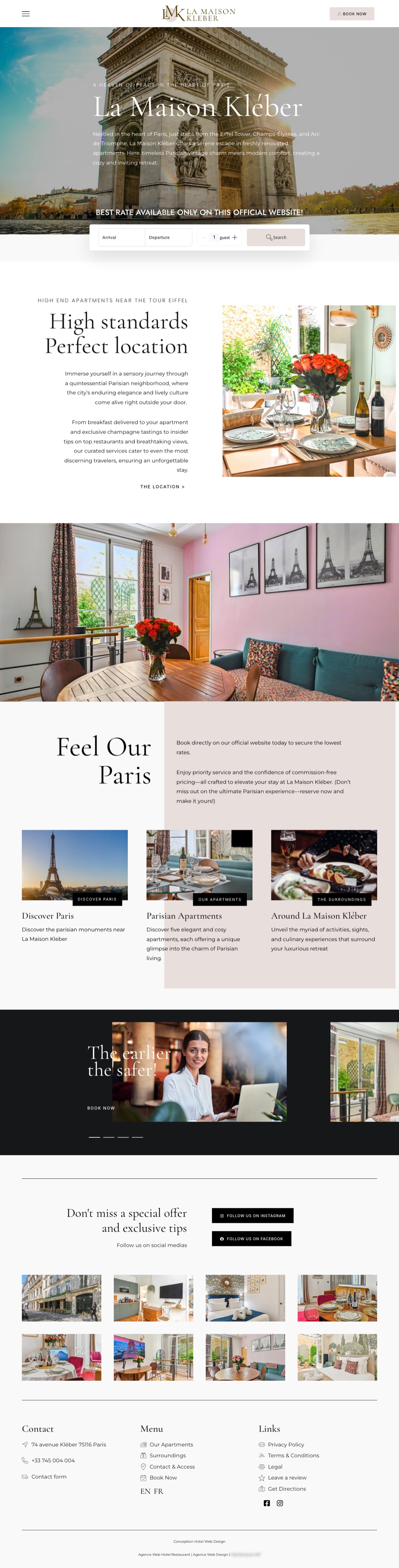 Page d’accueil du site de La Maison Kléber, appartements à Paris, sur ordinateur