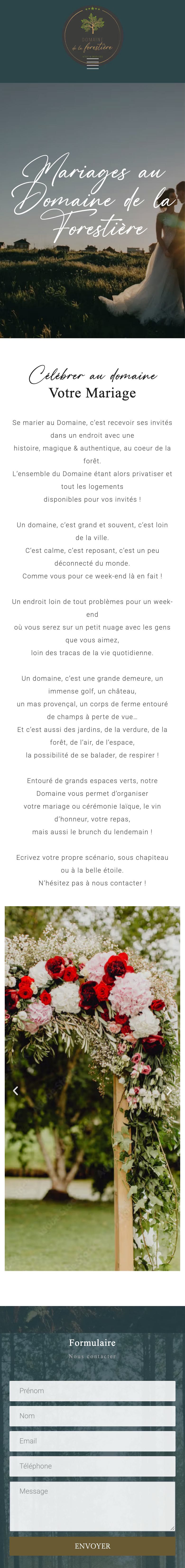 Page Mariages du site du Domaine de la Forestière, sur téléphone