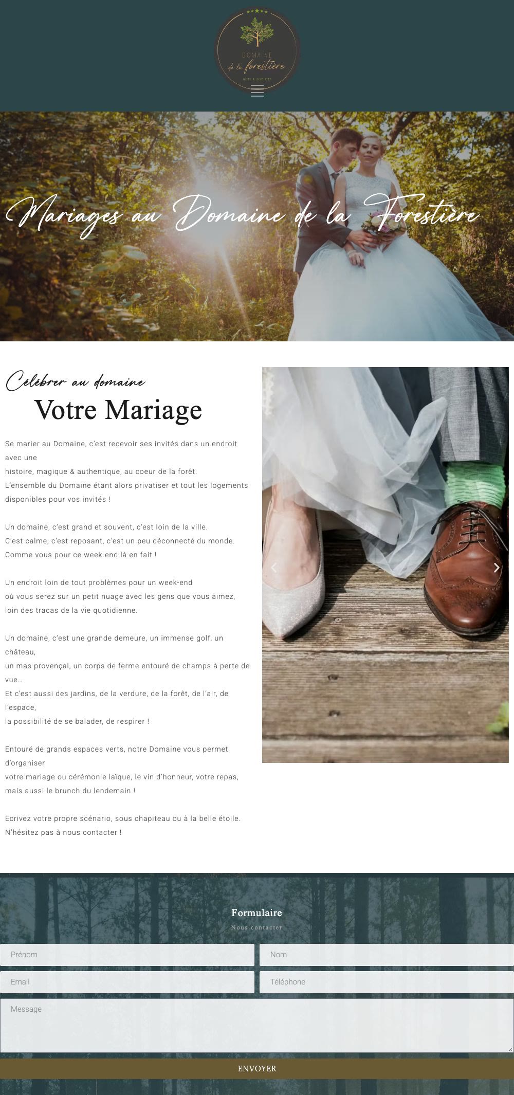 Page Mariages du site du Domaine de la Forestière, sur ordinateur : un couple dans les bois, le texte de présentation du domaine et le formulaire de contact