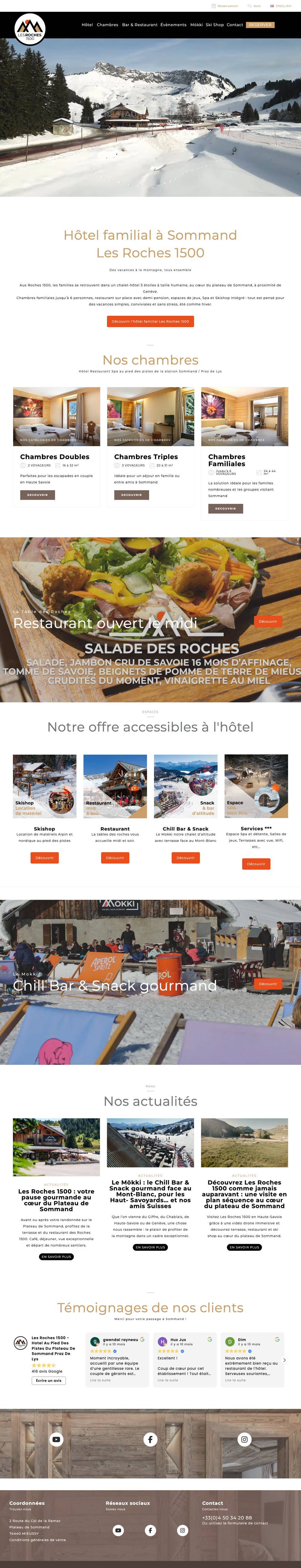 Page d’accueil du site de l’hôtel Les Roches 1500, à Sommand, sur ordinateur