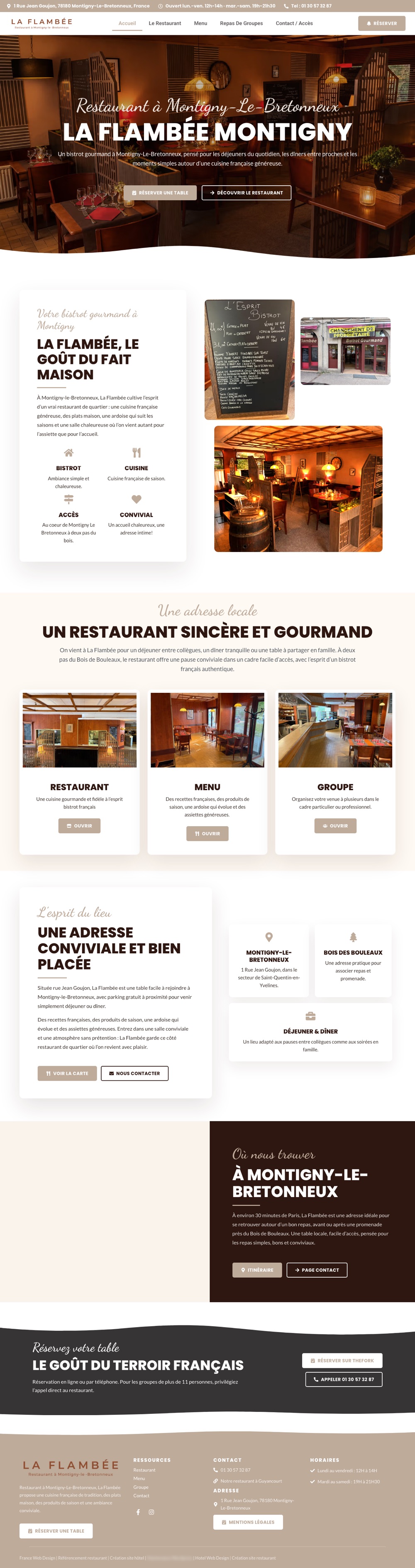 Page d’accueil du site de La Flambée, restaurant à Montigny-le-Bretonneux, sur ordinateur